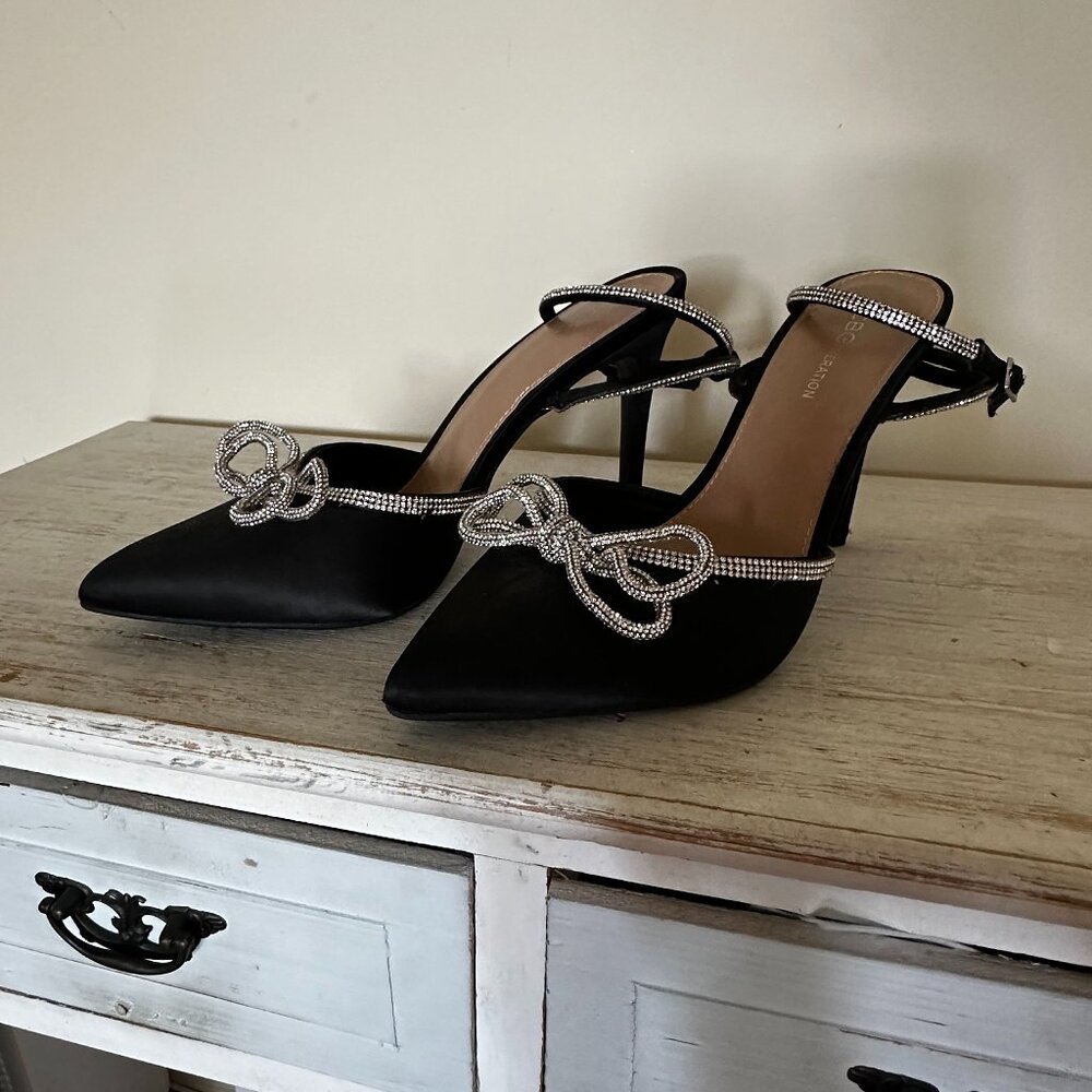 BCBGeneration Black Bowtie Knot Rhinestone Heels